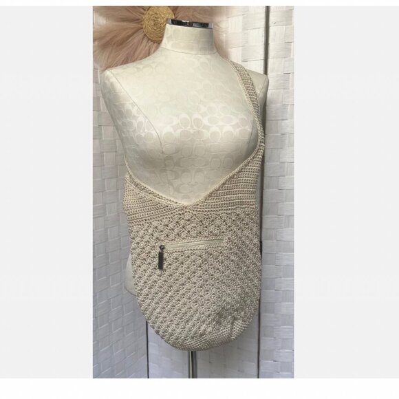 The SAK Original Natural Beige Snap Closure Front Zip Pocket Crochet Knit Bag - Picture 1 of 7
